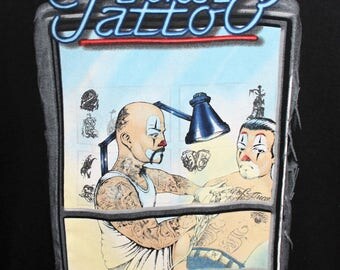 Vintage 90s Surfer Skater Joker Tattoo T Shirt Clown Gang USA 46 Chest Artist