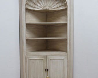 Vintage Custom Made Italian Distressed Shell Carved Corner Cabinet Hutch A