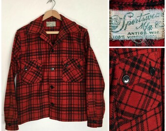 40s/50s Buffalo Check Plaid Wool Shirt Jacket, (Small)