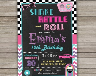 50's Invitation Printable, Fifties Birthday Invitation Printable, Rock and Roll invitation, Chalkboard Invitation, 50's theme Party