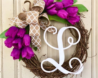 Spring Wreath with Monogram, Monogram Wreath for Spring, Tulip Wreath for Spring, Tulip Wreath with Monogram, Mother's Day Gift