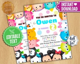 Tsum Tsum Invitation - EDITABLE TEXT - Disney Tsum Tsum Birthday Party Invite - Mickey, Minnie, Frozen, Characters - Instant Download