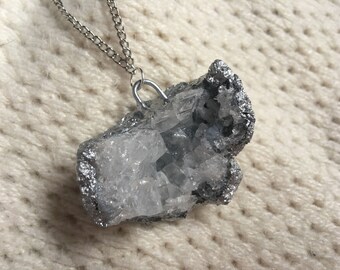 Handmade Natural Chunky Geode Rock Necklace with Silver Enamel Painted Back on Silver Tone Chain