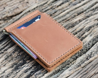 Leather money clip wallet for men with 4 card pockets. It's a super comfortable wallet for currency and has a pretty small size.