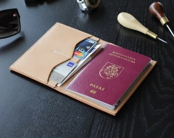 Minimalist Travel Wallet, Slim Premium Leather Passport Cover, Cash Credit Card Money Holder, in Natural & Cream