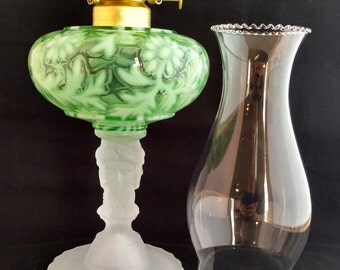Three Face Pattern Glass Oil Lamp Made in USA in Green Opalescent Daisy & Fern Fount over Etched Crystal Base. Great Wedding Present!