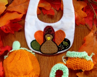 Baby First Thanksgiving Outfit, Newborn Thanksgiving Outfit, Thanksgiving Turkey Applique Bib Pumpkin Hat & Booties, Turkey Day Photo Prop