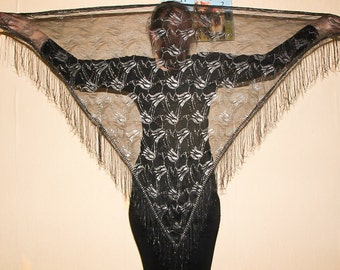 Fringed Black Shawl Disco era Shoulder Wrap Soviet Vintage Triangle Shawl with Lurex Black Gold Evening Wrap Shawl Boho Shawl Hipster Scarf