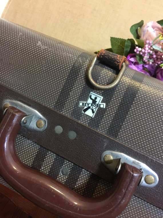 Taupe Brown and Black Stripe Wardrobe Suitcase - Gentleman's Retro Travel Luggage / Rev Robe Vintage Suitcase Trunk / Vintage Train Luggage