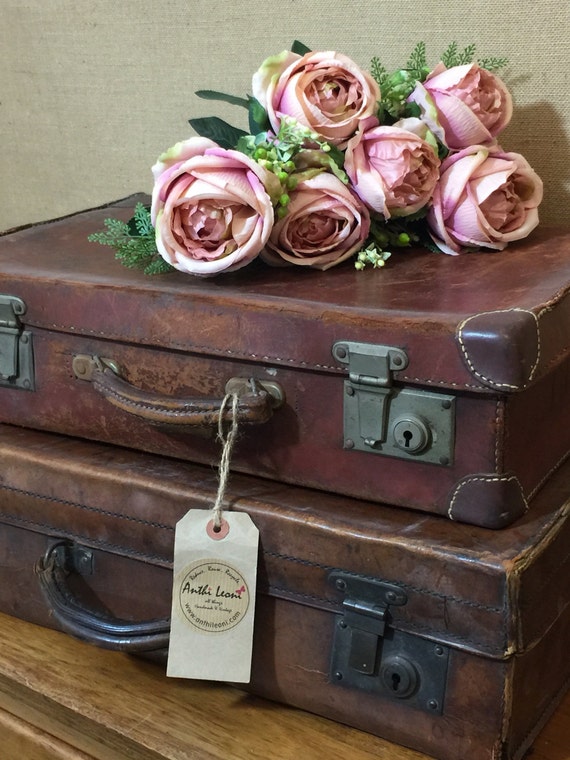 BROWN LEATHER Vintage Cases - Vintage Brown Leather Suitcases - Vintage Luggage - Vintage Home Decor - Antique Cases - Photo Props
