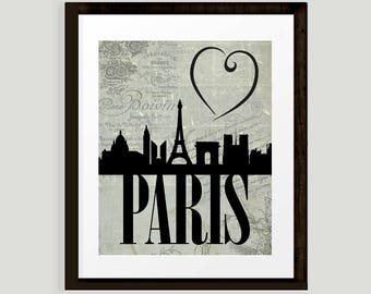 Love Paris, city silhouette, Paris Skyline on antique French text montage, heart Paris, INSTANT DOWNLOAD