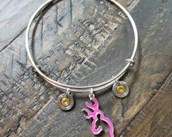 Handmade AR15 .223 Charm Bullet Bangle Bullet Bracelet in Silver with Pink Browning Deer Buck Charm for the Country Hunting Girl