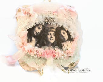 Cottage Chic Mixed Media Collage Three Little Girls Shabby Vintage Style French Style Home Decor Wall Hanging Door Knob Hanger Gift Topper