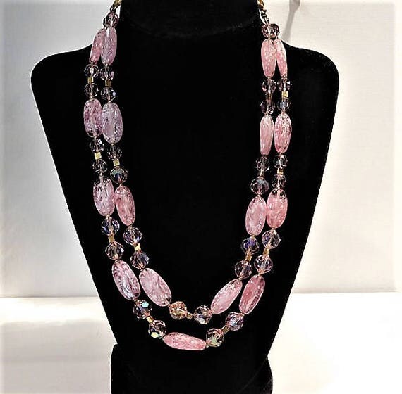 Vintage TRIFARI Double Strand Art Glass Necklace AB Aurora Borealis Mid Century 1950s Designer Fashion Jewelry
