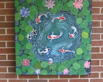 Water Lily Painting Koi Painting Large Koi Pond Water Lilies Koi Pool Water Lillies Colorful Fish