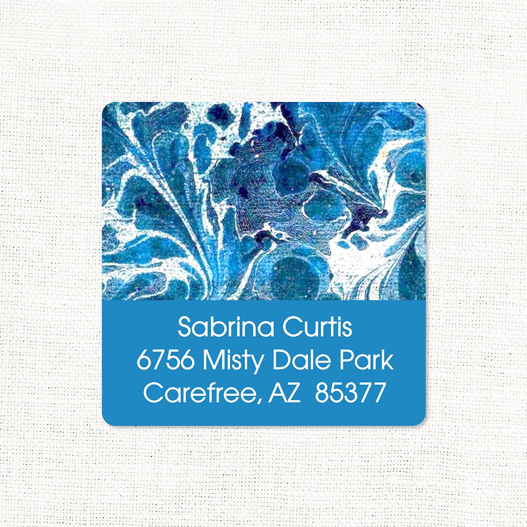 personalized return address label - vintage marble paper SABRINA BLUE - square label - address sticker - set of 48