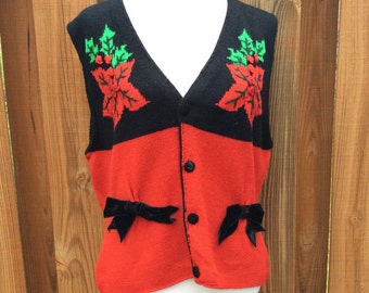 Vintage Ugly Christmas Knit Sweater Vest, Christmas Sweater Red & Black Poinsettia Bows Ladies Signature Expressions Size Large Holiday Tops
