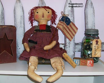 Primitive Raggedy Ann doll Homespun Americana with hand painted FLAG