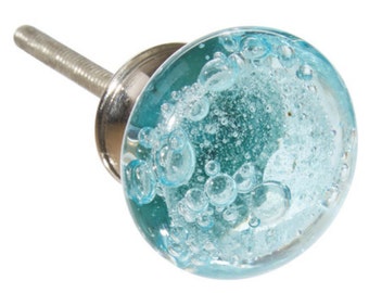 Aqua Blue Bubbles Glass Decorative Dresser Drawer, Cabinet or Door Knob Pull - G10