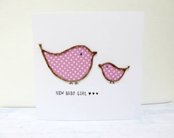 New Baby Girl Card, Personalised baby card, New mum card, Mother's Day Card, Handmade First Mother's Day, nature card, pink bird card.
