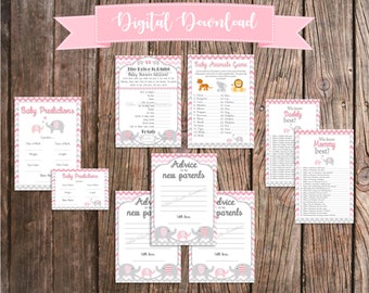 Printable Baby Shower Game Package - Pink and Gray Elephant Baby Shower Games Bundle - Games Baby Girl Shower Elephant Theme Activity Pack