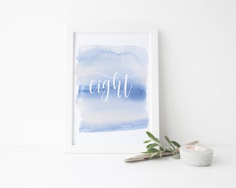 instant download watercolor wash table numbers // blue watercolor ombre // calligraphy lettering // printable digital table numbers 1-20