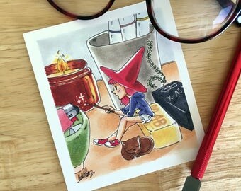 Witch Wall Art Print, FREE SHIPPING, cute anime cartoon magical girl, Desk Witch marker drawing illustration