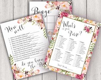 BRIDAL SHOWER GAME, Printable Bridal Shower Game, Boho Chic Bridal Party Game, Bridal Game Package, Printable Game Card, diy