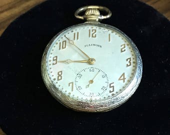 Antique Art Deco Illinois Pocket Watch 17 Jewels Two Tone Open Face 1920's Running #264
