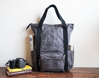 Convertible Waxed Canvas Backpack, 8 Pockets, Canvas Diaper Backpack, Laptop Backpack, Waxed Canvas Tote, Vegan Backpack Bag, Grey