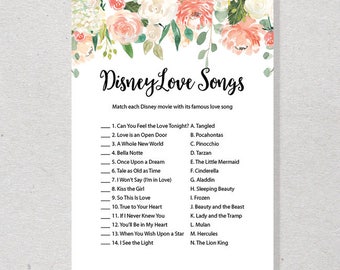 Floral Disney Love Songs Match Game, Peach Bridal Shower Game, Garden Wedding Shower - SKUHDG23