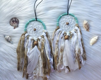 2 Mini Car Dreamers // Handmade Tie Dye, Teal & White Dreamcatchers // Car Decor, Car Accessories, Rear View Mirror, Boho, Car Accessory