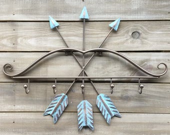 Metal Bow and Arrows Wall Hook Rack in Bronze and Aqua Finish, Native American, Tribal