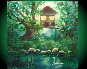 wall art canvas art collectibles christmas gift idea fantasy art birthday gifts House tree art forest painting white swan lake art gallery