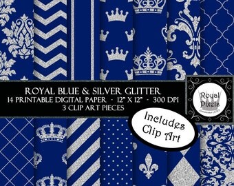 14 Royal Blue & Silver Glitter Digital Paper - Printable or Digital Scrapbook Paper - Royal Baby Shower - Royal Prince - Wedding #94