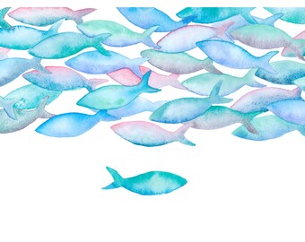 Watercolour fish art| kids room decor idea | nursery blue decor | cubicle decor | nautical art bedroom | teen girl room decor | fish print
