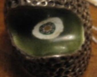 Vintage Sterling Silver Green Enamel Inlay Flower Dome Ring