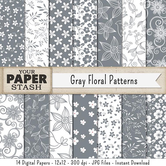 Gray Digital Paper Floral Scrapbook Paper Flower