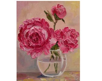 Pink Peony in a Glass Bowl Original oil impasto painting No.04-55 ready to hang