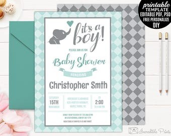 Elephant Baby Shower Invitation Template. Mint and grey Boy Baby Shower Invitation Printable DIY PDF PSD Editable Digital Download