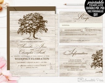 Old Oak Wedding Invitation Set template. Printable Rustic Wood Vintage DIY PDF PSD Digital Editable Download