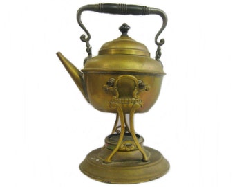 Antique Brass Tilting Tea Kettle on Stand with Burner, Metal Teapot