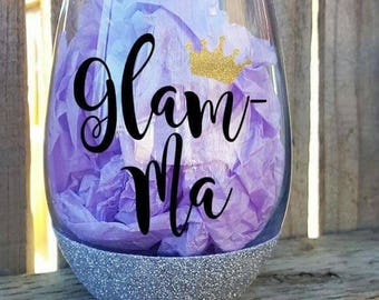 Glam-ma wine glass, Glam-ma gift, mothers day,grandma gift, grandma glass, nana glass, Grammy glass, Glitter wine glass, stemless wine glass