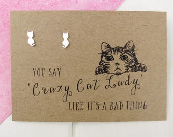 Crazy Cat Lady Earrings - Silver Cat Stud Earrings - Gift for Cat Lover - Cat Jewellery - Dainty Cat Earrings - Gift for Her - Kitty - Pet