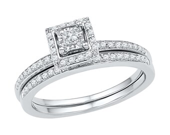 10k White Gold Halo Engagement Ring With Matching Wedding Band Set, 1/4 CT. T.W. Diamond Ring, Also Available In Sterling Silver