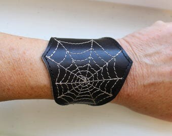 black wide leather wristband cuff spiderweb SPIDERWEB
