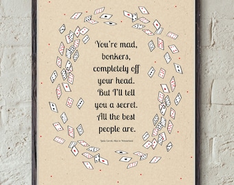 BONKERS Quote - Lewis Carroll Novel - Alice in Wonderland Print - Bookish Printable - Literature Wall Art - Playing Card Decor