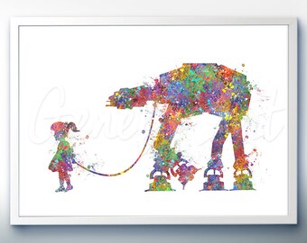 Star Wars AT-AT Walker and Little Girl Watercolor Art Silhouette Poster Print - Wall Decor - Watercolor Painting - Home Decor - Kids Decor