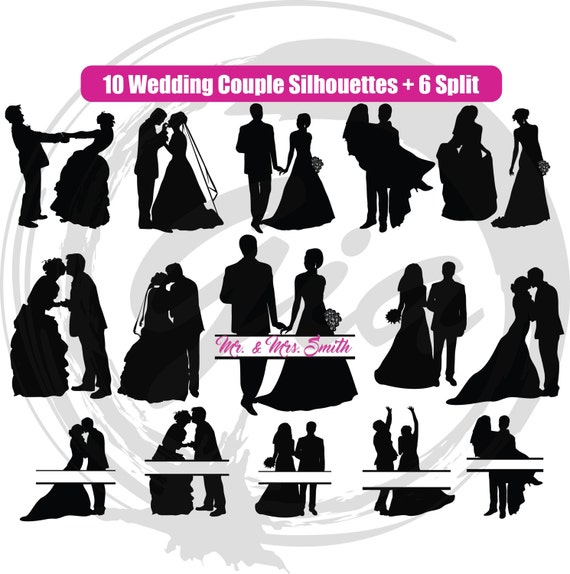 Wedding Couple Silhouettes SVG bride and groom split clipart