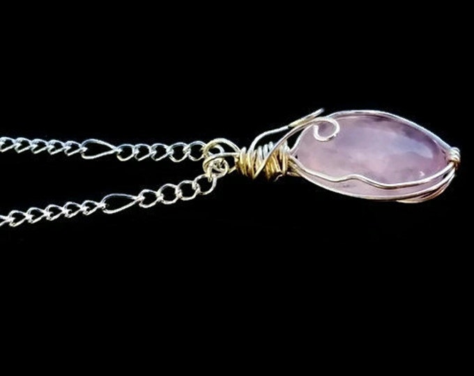 Sterling Silver Wrapped Rose Quartz Pendant, Heart Chakra Necklace, Love Stone Jewelry, Valentine's Day Gift, Gifts for Her